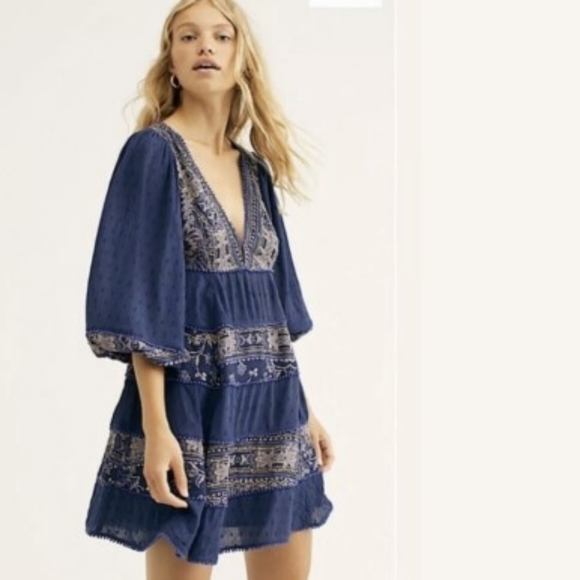 Free People Dresses & Skirts - Free People My Love Mini Dress Navy Blue Boho Embroidered Long Sleeve Size M